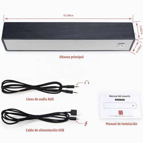 Vista 6 de MICA Altavoces de computadora, barra de sonido de computadora con cable, mini barra de sonido de madera, altavoces de PC alimentados por USB de Negro