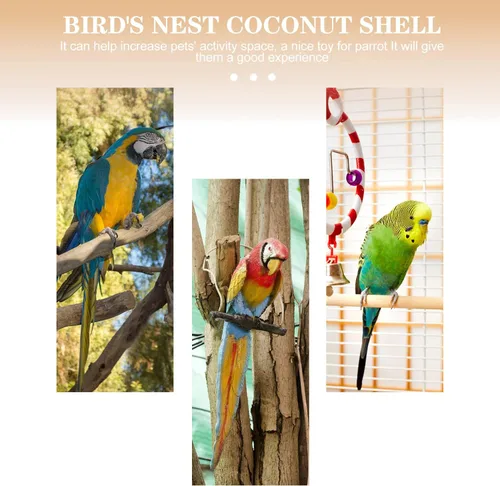 Vista 3 de POPETPOP Nido de pájaro de concha de coco natural – Nido mecedora colgante de pájaro caja nido de loro de coco jaula para pájaros de coco, cabaña