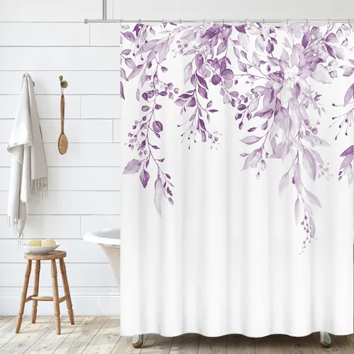 Vista 41 de Tititex - Juego de cortinas de ducha de eucalipto negro, hojas de acuarela gris en la parte superior, con decoración floral de baño, 60 x 72