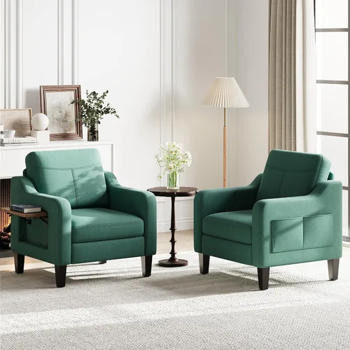Vista 17 de Silla de acento para sala de estar, sillón moderno tapizado en lino, silla de sofá lateral de tela con estructura de madera con mesa plegable, 2