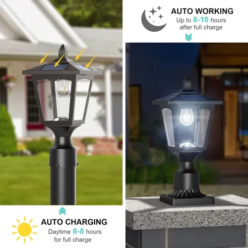Vista 3 de Luces Solares para Postes, Lámpara Solar de Poste de 6000K de Anochecer a Amanecer con Base de Montaje para Poste, Luces Solares para Postes