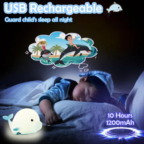 Vista 7 de Luz nocturna de delfín para niños, bonita luz nocturna, 16 colores de silicona, regulables, luces nocturnas para bebé, luz nocturna recargable