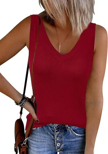 Vista 8 de Arach&Cloz Camiseta sin mangas de mezcla de lana para mujer, cuello en V Albaricoque