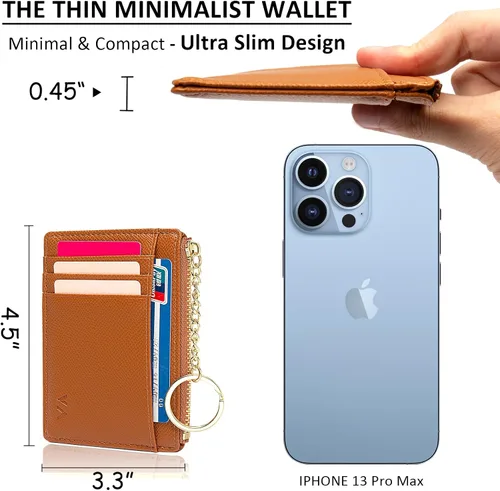 Vista 109 de Tarjetero delgado con bloqueo RFID, billetera de bolsillo pequeño, con cremallera Keychian para monedero, monedero y tarjetero para mujeres y hombres