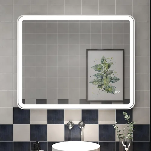 Vista 17 de WELLFOR Espejo LED enmarcado de 48 pulgadas de ancho x 36 pulgadas de largo, espejo rectangular de esquina redondeada de metal con luces para baño