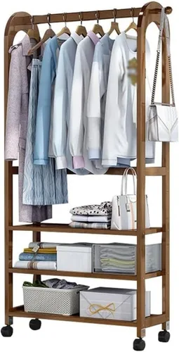 Vista 8 de Bamboo Clothes Rack with Wheels,Garment Rack,Multifunctional Entryway Clothing Storage,Hanging Rod for Small Spaces,with Shoe Storage Shelf and