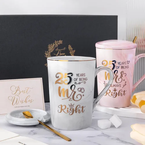 Vista 5 de Biching Regalos de Boda del 25º Aniversario, 25 Años de Ser Mr Right & Mrs Always Right Taza de Café Regalos para Parejas Padres Mujeres Hombres