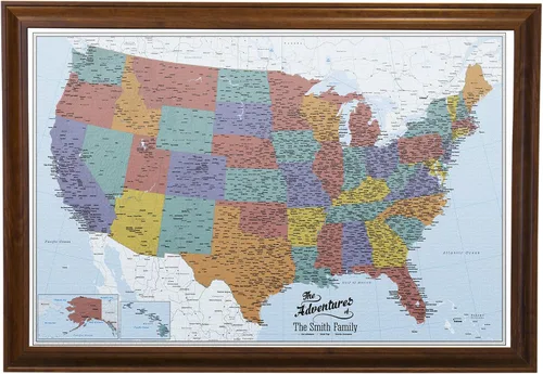 Vista 40 de Push Pin Travel Maps Lienzo personalizado Blue Oceans USA con marco gris de madera de granero