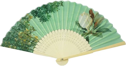 Vista 13 de Abanico de mano de bambú Salutto con patrón impreso, abanico plegable para regalo de fiesta de boda, azulejo vidriado