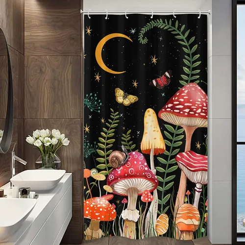 Vista 3 de Juego de cortinas de ducha con diseño de hongos y mariposas florales negras y rojas, tela impermeable, cortinas de ducha para baño, decoración