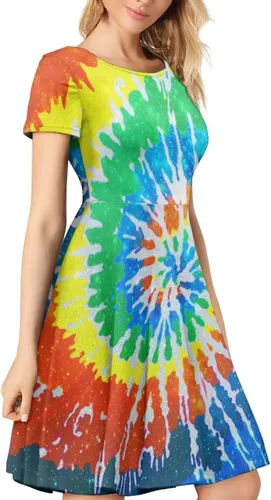 Vista 4 de POLERO Vestido floral de hongos para mujer, vestido midi de talla grande, vestido de verano de manga corta, cuello redondo, vestidos de línea A