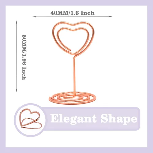 Vista 4 de CUNGLIN Soporte para números de mesa, soporte para tarjetas de lugar, paquete de 20 unidades, soporte dorado en forma de corazón para bodas