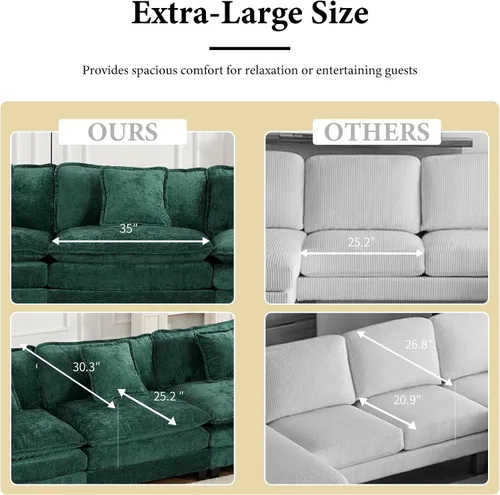 Vista 42 de Sofá seccional modular verde de 111.5", sofás seccionales grandes de 3 plazas para sala de estar, sofá nube oversized de tela chenille con otomana