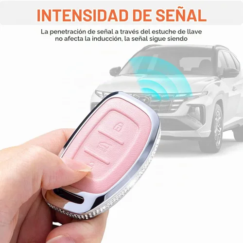 Vista 4 de Funda para llave inteligente con llavero, de piel auténtica color rosa, con cristales, carcasa protectora