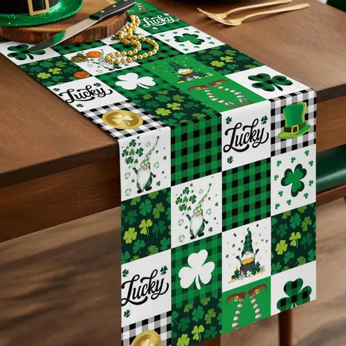 Vista 3 de Camino de mesa para el día de San Patricio, algodón y lino, trébol de la suerte, gnomos, antideslizante, decoración de festividades de primavera
