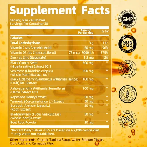 Vista 7 de Gomitas de aceite de semilla negra con Ashwagandha y musgo marino irlandés y saúco, suplemento de apoyo inmunológico con vitamina C, D3, zinc