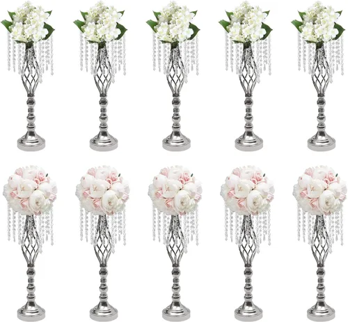 Vista 11 de Juego de 10 portavelas de metal dorado de 10.2 pulgadas de alto, florero, arreglo floral, candelabro, candelabro, portavelas para bodas, fiestas