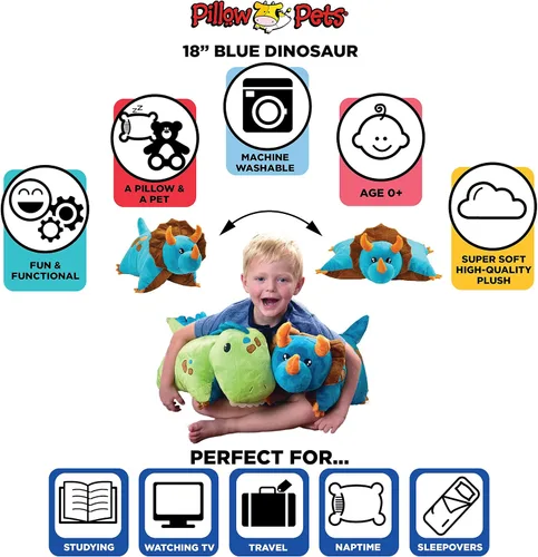 Vista 2 de Pillow Pets Dinosaurio azul Triceratops, juguete de peluche de 18 pulgadas