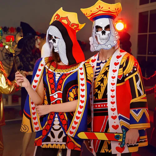 Vista 7 de Disfraces de Halloween para parejas de adultos, rey y reina, disfraces de Halloween con máscara de calavera, disfraces de pareja de Halloween