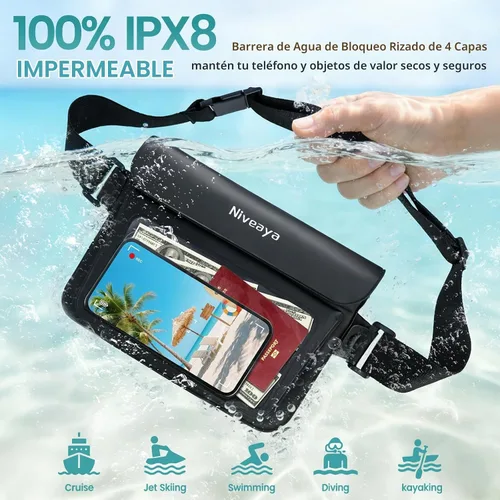 Vista 2 de Niveaya Paquete de 2 riñoneras impermeables para mujeres y hombres, IPX8, bolsa impermeable para cinturón seco para playa, kayak, natación, pantalla