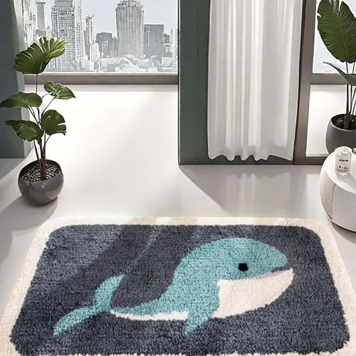 Vista 7 de Alfombra de baño de microfibra con diseño de ballena, alfombra de baño para niños, decoración náutica con peces y océano, antideslizante, suave