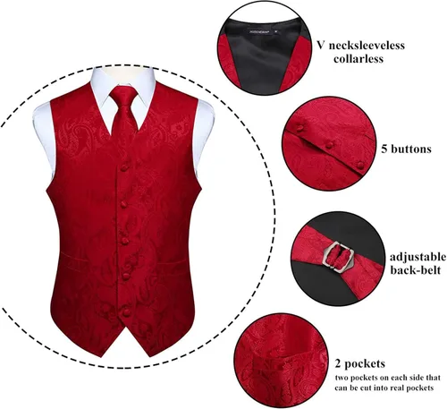 Vista 4 de HISDERN Conjunto de corbata de chaleco para hombre con estampado de cachemira floral jacquard corbata bolsillo cuadrado 3 piezas chaleco para traje