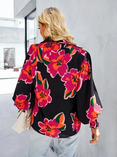 Vista 6 de Camisa estampada elástica para mujer, con estampado floral, de manga larga, con botones, para mujer