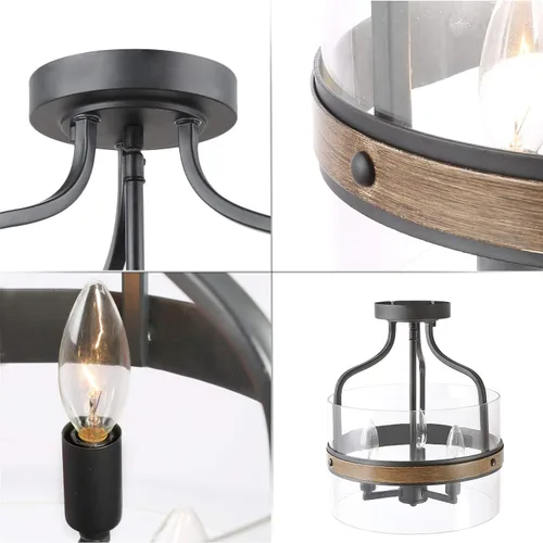 Vista 6 de KSANA Lámpara de techo semiempotrada, moderna lámpara de techo de madera sintética con pantalla de vidrio para pasillo, dormitorio, cocina, baño