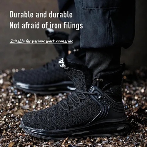 Vista 6 de SYLPHID Zapatos deportivos con punta de acero para hombre, zapatos de seguridad para mujer, zapatos de trabajo altos con cojín de aire, ligeros
