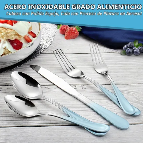 Vista 3 de Juego de cubiertos azules, juego de cubiertos de acero inoxidable de 20 piezas, cubiertos pulidos con espejo, juegos de cubiertos reutilizables Azul