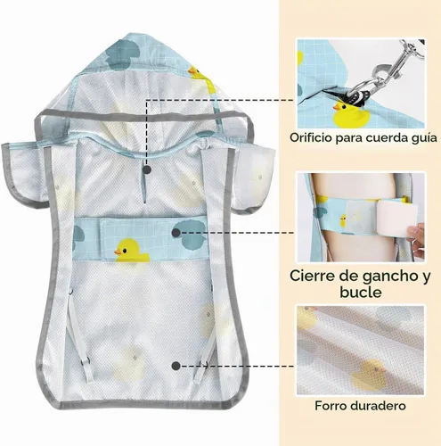 Vista 5 de SlowTon Chubasquero para perros, chaqueta de lluvia ajustable para perros con capucha transparente de doble capa, poncho impermeable con tiras