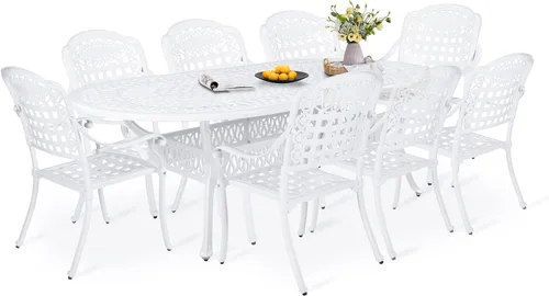 Vista 23 de Juego de comedor de patio de 9 piezas, mesa y sillas de patio al aire libre, mesa de comedor ovalada de aluminio fundido de 84 pulgadas con agujero
