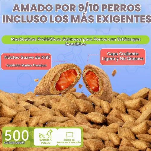 Vista 3 de Probióticos masticables para perros, 500 masticables, soporte estomacal sensible con núcleo de krill, probióticos triples y prebióticos, digestión