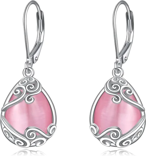 Vista 8 de Aretes colgantes con forma de lágrima de filigrana de piedra lunar de plata de ley 925 con cierre de palanca para mujer, regalos de joyería