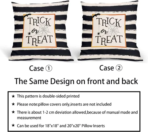 Vista 4 de Kawani Juego de 2 fundas de almohada de Halloween con diseño de truco o trato de 16 x 16 pulgadas, diseño de rayas blancas y negras, fundas