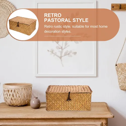 Vista 4 de Almacenamiento de pastos marinos con tapa: cesta rectangular tejida de mimbre natural para el hogar, cajas organizadoras de estantes, organizador