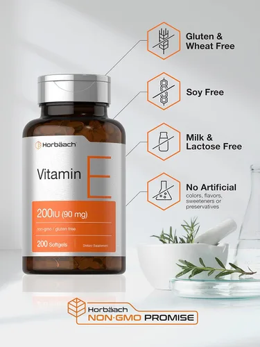 Vista 4 de Horbäach Vitamina E Softgel Cápsulas 200 UI Suplemento de 90 mg 200 unidades Fórmula sin OMG y sin gluten