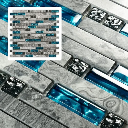 Vista 11 de Midcard 4 Láminas de Azulejo de Mosaico en Espiga Azul para Salpicadero, Azulejo Pulido para Suelo de Ducha y Pared