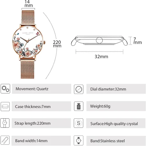 Vista 5 de RORIOS - Reloj de pulsera para mujer con esfera de flores y correa de malla de acero inoxidable analógico de cuarzo para mujer