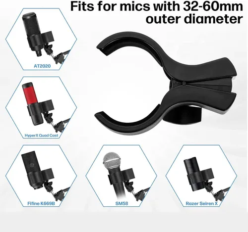 Vista 5 de BILIONE Soporte de micrófono de escritorio versátil, soporte de micrófono de mesa ajustable con clip de micrófono grande, clip para teléfono