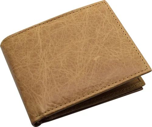 Vista 2 de MARSHAL Cartera de identificación con solapa central de piel auténtica con bloqueo RFID para hombre, Beige Bronceado, Bifold