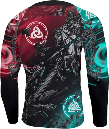 Vista 3 de Camisa de compresión azteca de manga larga de capa base Skins Performance Fit Rash Guard MMA BJJ tela elástica