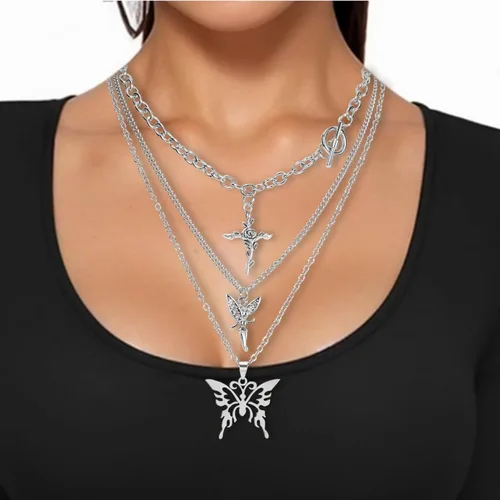 Vista 11 de Juego de 10 piezas de collar Y2k para mujer, accesorios góticos grunge, collares de joyería, cruz gótica, espinas de hadas, ángel gótico, corazón