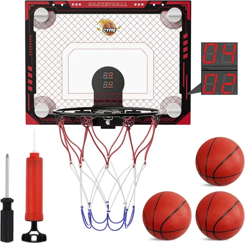 Vista 10 de CYFIE Mini aro de baloncesto para interiores para niños con luz LED, ventosa/aro de baloncesto sobre la puerta con marcador y 3 bolas, juguetes