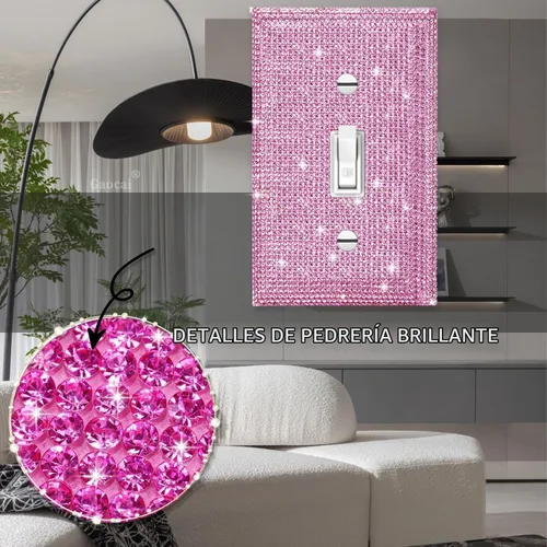 Vista 3 de Placa decorativa de interruptor de luz con diamantes de imitación brillantes en rosa y plata, cubierta de placa de pared con diamantes de imitación