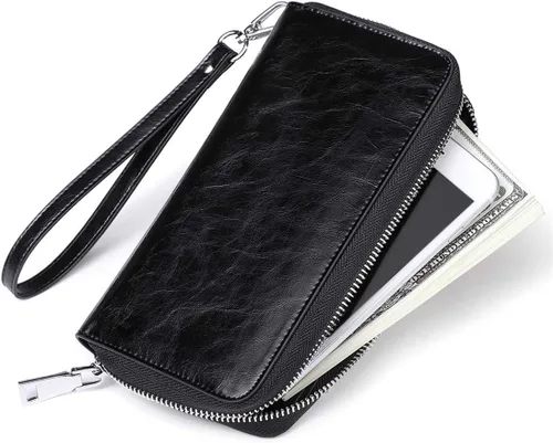 Vista 6 de [Usado] Carteras para mujer con bloqueo RFID de cuero con cremallera alrededor de la cartera de viaje Negro
