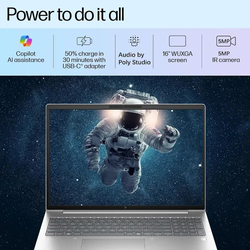 Vista 3 de HP EliteBook 6 G1a AI PC Laptop empresarial de 16 pulgadas AMD Ryzen 5 220 32 GB DDR5 RAM SSD de 1 TB Pantalla antirreflejo WUXGA Lector