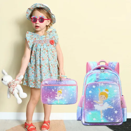 Vista 3 de LOIDOU Mochila para niños y niñas mochila preescolar mochila escolar con caja de almuerzo Azul Patchwork L