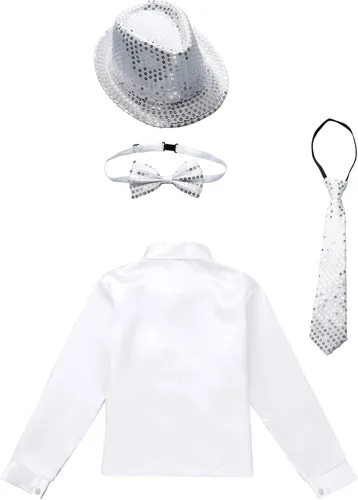 Vista 4 de YiZYiF Camisa de manga larga con botones y lentejuelas para niños, camisa y sombrero, corbata de lazo, hip hop, jazz, baile, discoteca, disfraz