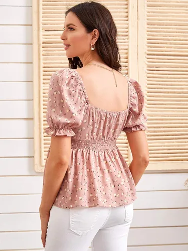 Vista 2 de OYOANGLE Women's Maternity Floral Print Blouse Short Sleeve Ruffle Hem Peplum Tops